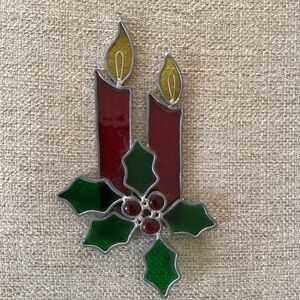Vintage Stained Glass Suncatcher Candle Ornament with Holly Berry design